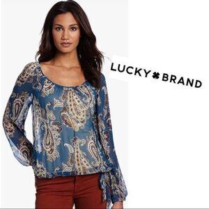 Lucky Brand Small Paisley Top Blouse Blue Long Sleeve Brown Bianca Sheer